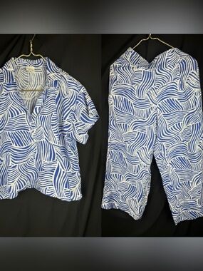 ⁠LOFT Beach 100% Linen 2pc Matching Set Blue White Abstract Wave Pants/Top